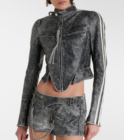 Shop Knwls Cropped Leather Jacket In Black