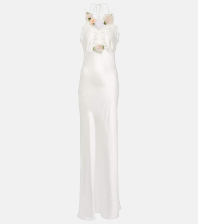 Shop Rodarte Bridal Floral-appliqué Lace-trimmed Silk Gown In White