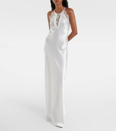 Shop Rodarte Bridal Floral-appliqué Lace-trimmed Silk Gown In White