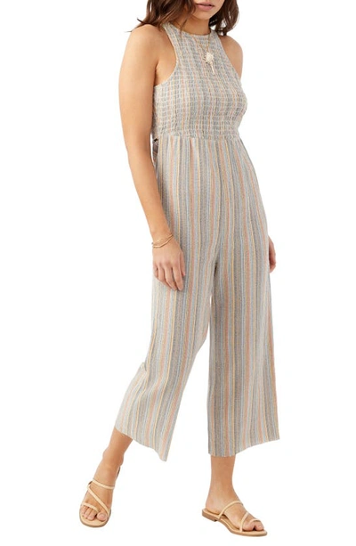 Shop O'neill Dellora Stripe Smocked Jumpsuit In Multi Colored