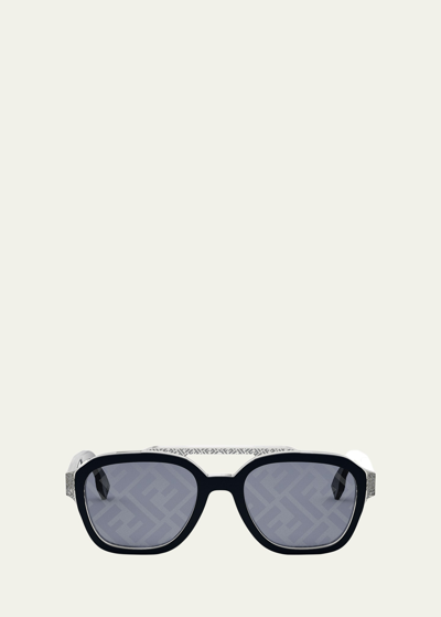 Shop Fendi Men's  Bilayer Ff Acetate Square Sunglasses In Shiny Black / Rov