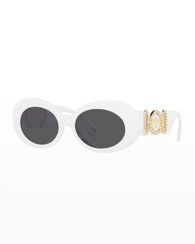 Shop Versace Medusa Embellished Oval Acetate Sunglasses In White