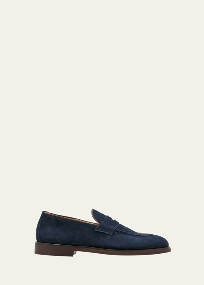 Shop Brunello Cucinelli Men's Suede Penny Loafers In Dark Blue