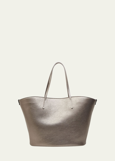 Shop Brunello Cucinelli Metallic Leather Tote Bag In Pearl Grey