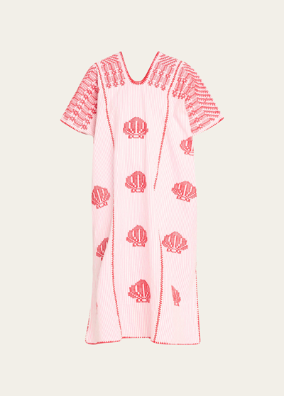 Shop Pippa Holt Three-panel Midi Kaftan In White And Pink Stripe With Red Shells Design