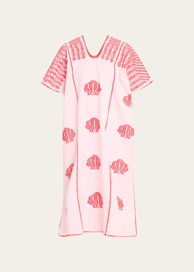 Pippa Holt Three-panel Midi Kaftan In White And Pink Stripe With Red Shells Design In Pink