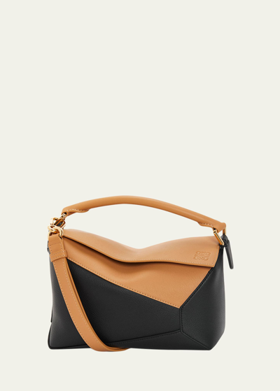Shop Loewe Puzzle Edge Small Top-handle Bag In Bicolor Leather In Warm Desert/black