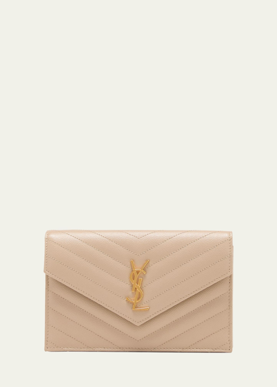 Saint Laurent Ysl Monogram Small Wallet On Chain In Grained Leather In Dark Beige