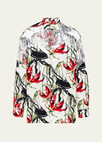 Shop Prada Men's Floral Ufo Fringe Poplin Sport Shirt In Bianco Nero Rosso