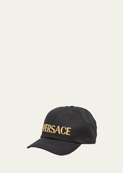 Shop Versace Men's Embroidered Logo Baseball Cap In Blackgold