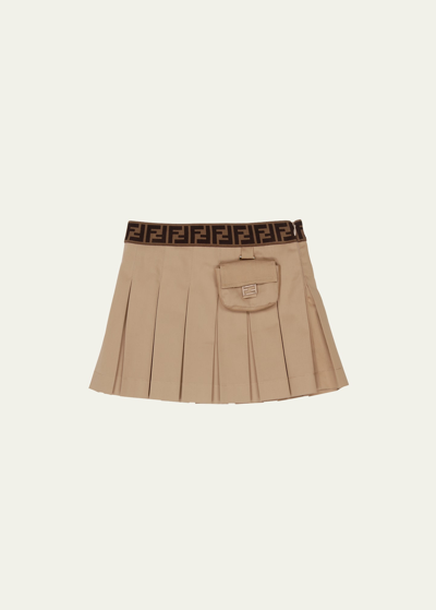 Shop Fendi Girl's Pleated Logo Banded Skirt With Attached Pouch In F1f4g Trench
