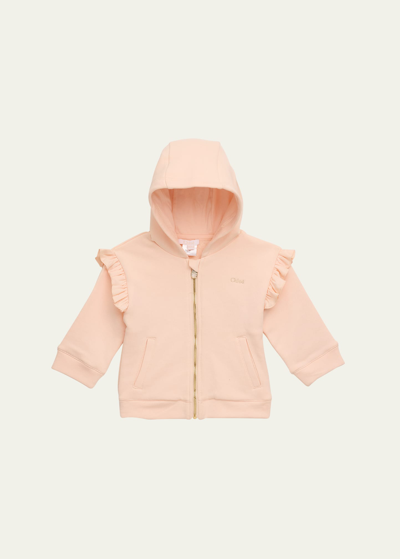 Shop Chloé Girl's Logo Embroidered Ruffle-trim Hooded Cardigan In Pale Pink