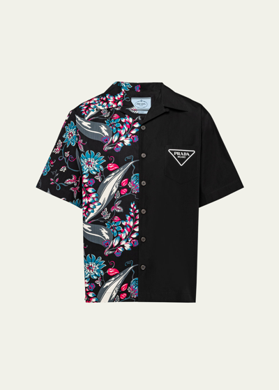 Shop Prada Men's Poplin Ramage Double Match Shirt In Nero