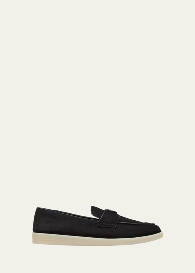 Shop Prada Men's Saint Tropez Triangle Logo Suede Loafers In Black