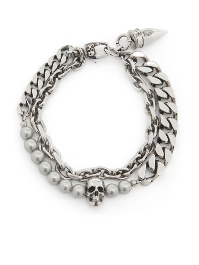 Shop Alexander Mcqueen Silver-tone Skull Pearl-embellished Bracelet