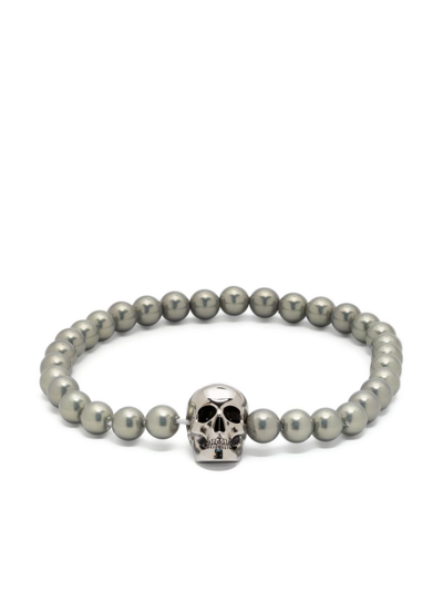 Shop Alexander Mcqueen Grey Skull-charm Pearl Bracelet In Silver
