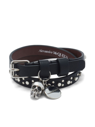 Shop Alexander Mcqueen Black Skull Double-wrap Leather Bracelet