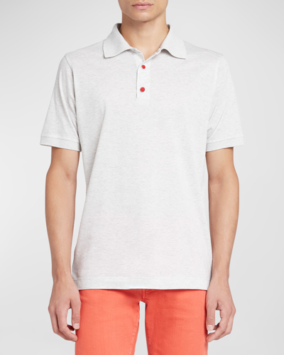 Shop Kiton Men's Cotton Polo Shirt With Snap Placket In Light Gray