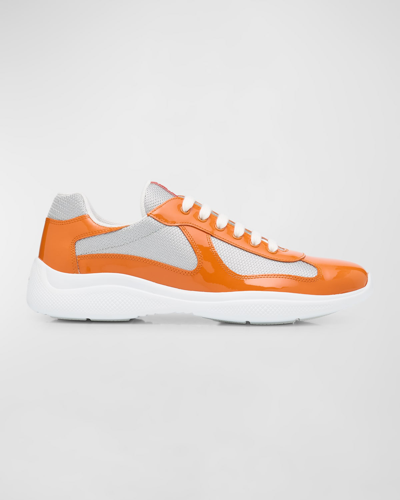 Shop Prada Men's America's Cup Patent Leather Patchwork Sneakers In Pumpkin Orange Si