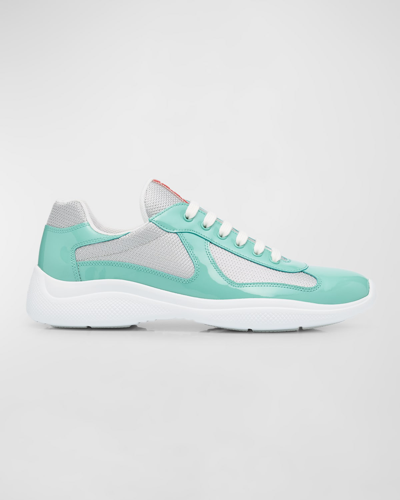 Shop Prada Men's America's Cup Patent Leather Patchwork Sneakers In Jade Green Silver