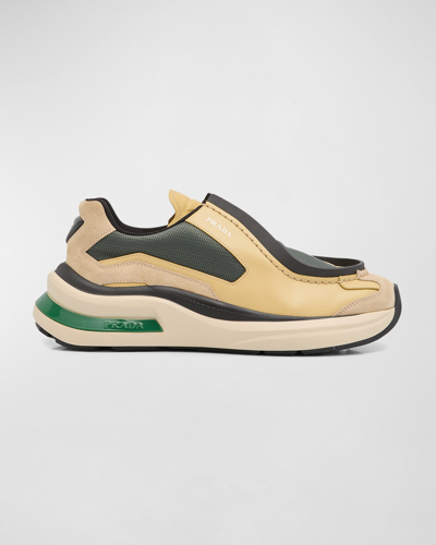 Shop Prada Men's Systeme Suede And Mesh Sneakers In Quarzoman