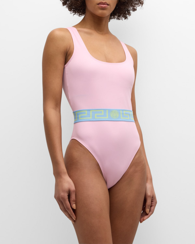 Shop Versace Greca One-piece Swimsuit In Pastel Pink Paste