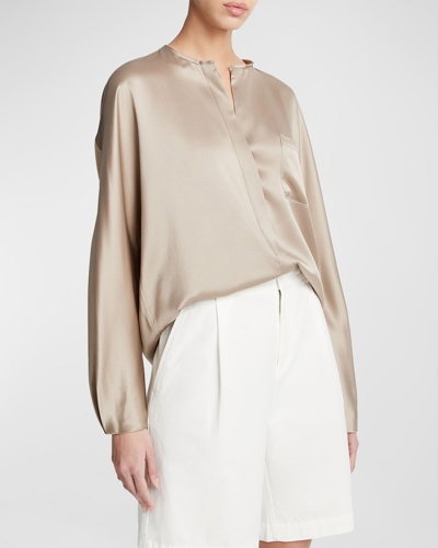 Shop Vince Raw-edge Button-front Silk Blouse In Pale Nut