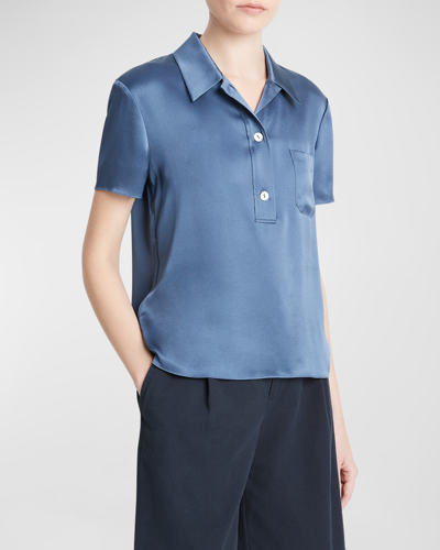 Shop Vince Silk Charmeuse Short-sleeve Polo Shirt In Riverbed