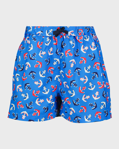Shop Rachel Riley Boy's Anchor-print Swim Trunks In Blue