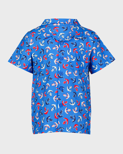 Shop Rachel Riley Boy's Anchor Button-front Shirt In Blue