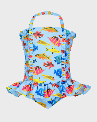 Shop Rachel Riley Girl's Tropical Fish Ruched Swimsuit In Multi