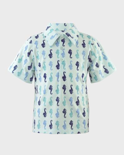 Shop Rachel Riley Boy's Seahorse Polo Shirt In Blue