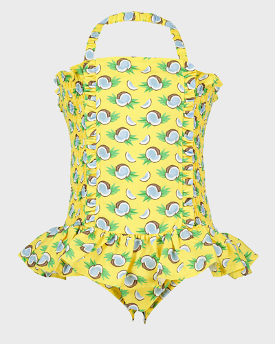 Shop Rachel Riley Girl's Coconut Ruched Swimsuit In Yellow