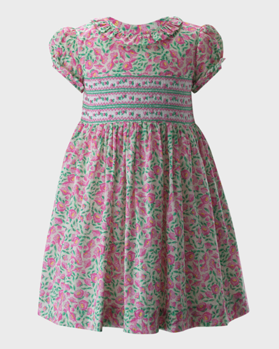 Shop Rachel Riley Girl's Leafy Floral Smocked Dress In Pink