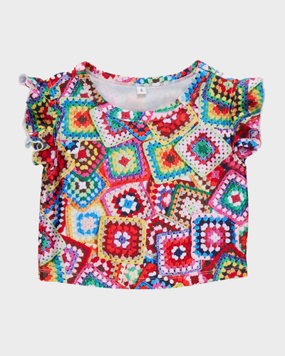 Shop Terez Girl's Granny Squares Ruffle-sleeve Crop Top In Multi