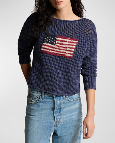 Shop Polo Ralph Lauren Flag Pointelle Cotton-linen Sweater In Blue Multi