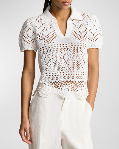 Shop Polo Ralph Lauren Pointelle Cotton Polo Shirt In White