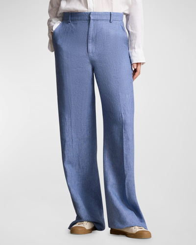 Shop Polo Ralph Lauren Linen Wide-leg Pants In Capri Blue