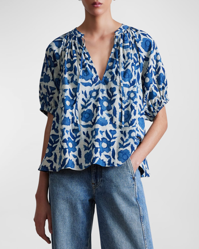 Shop Apiece Apart Lumina Floral-print Blouson-sleeve Pullover In Batik Floral Indi