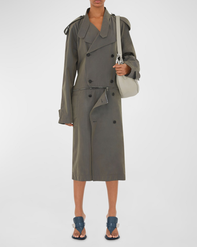 Shop Burberry Double-breasted Long-sleeve Zipper-hem Midi Trench Dress In Storm Blue