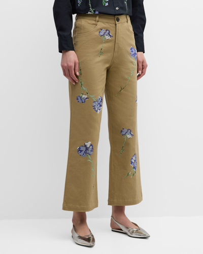 Shop Libertine Cecil Beaton Blue Carnation Crystal Cropped Wide-leg Pants In Khk