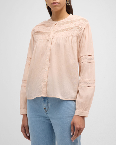 Shop Xirena Allie Shirred Lace-inset Cotton Shirt In Sepia