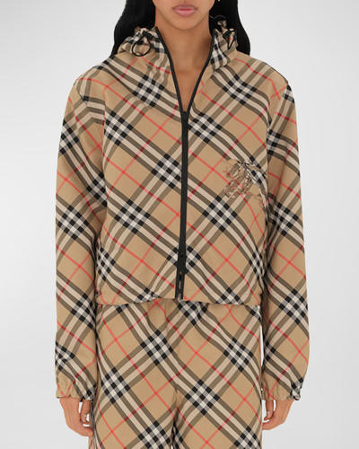 Shop Burberry Check Ekd Hooded Reversible Jacket In Sand Ip Check