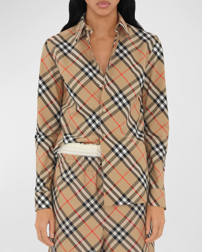 Shop Burberry Check Long-sleeve Cotton Button-down Top In Sand Ip Check