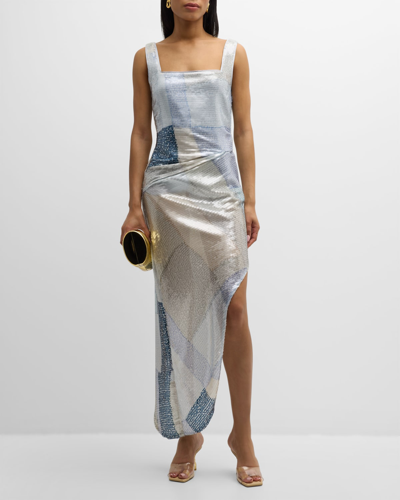 Shop Cult Gaia Junie Open-back High-low Sequin Gown In Blue Multi