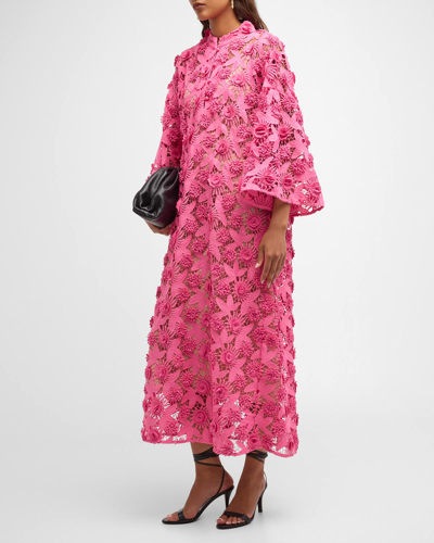 Shop La Vie Style House Flare-sleeve Floral Lace & Applique Midi Caftan In Bright Pink
