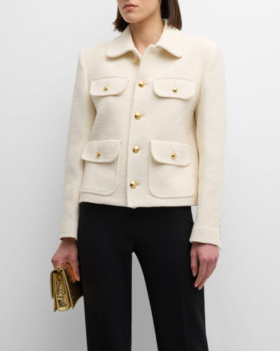 Shop Nili Lotan Paloma 4 Brass Button Flap-pockets Boucle Jacket In Ivory