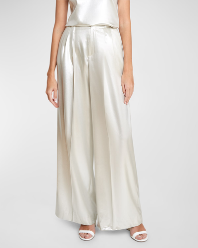 Shop Chloé Organic Silk Lame Pleated Wide-leg Sailor Trousers In Silver Cloud
