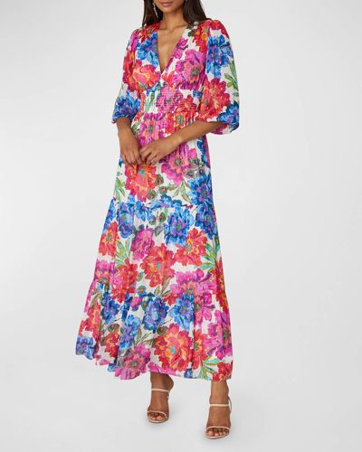 Shop Shoshanna Laurel Tiered Floral-print Smocked Maxi Dress In Magenta Multi