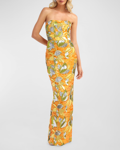 Shop Helsi Serena Strapless Floral Sequin Column Gown In Marigold